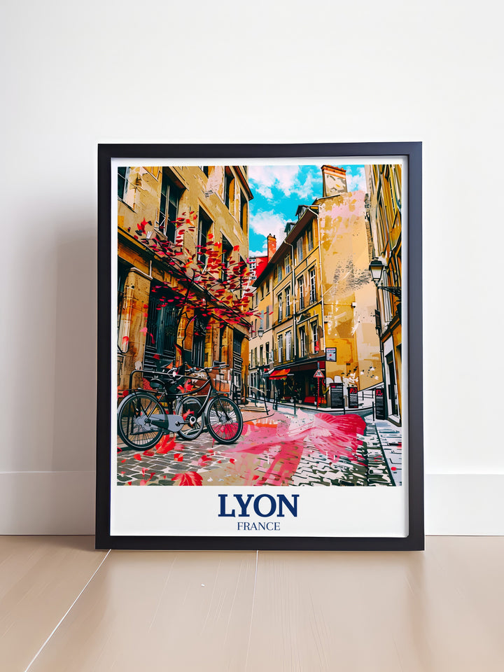 A Lyon art print featuring the Old Towns iconic landmarks and Trinity Town Square. The posters detailed line work and vibrant color palette make it an elegant addition to any art collection or home decor.