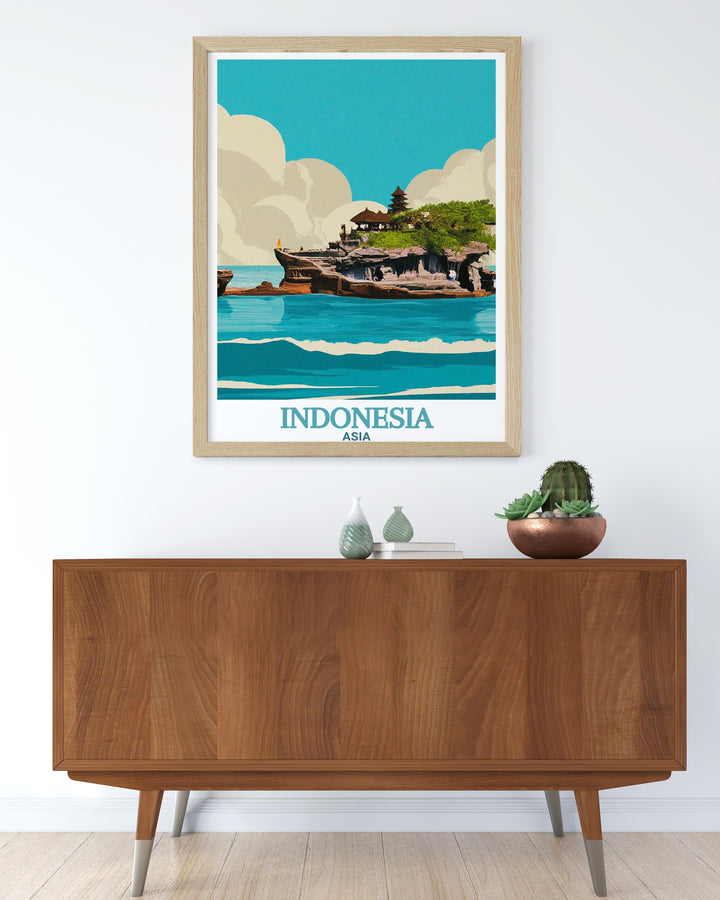 Capture the essence of Bali with this travel poster of Tanah Lot Temple. The beautiful architecture of the temple, perched on a rocky coastline, makes it a must have piece of art for lovers of Indonesian culture and scenic landscapes.