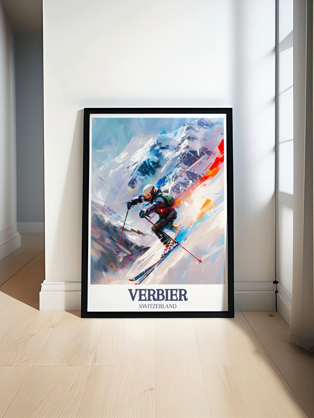 Verbier comes to life in this stunning canvas art, portraying the vast ski terrain of the Four Valleys. The detailed artwork is perfect for decorating your living room, bedroom, or ski chalet, and makes an excellent gift for anyone who loves skiing.