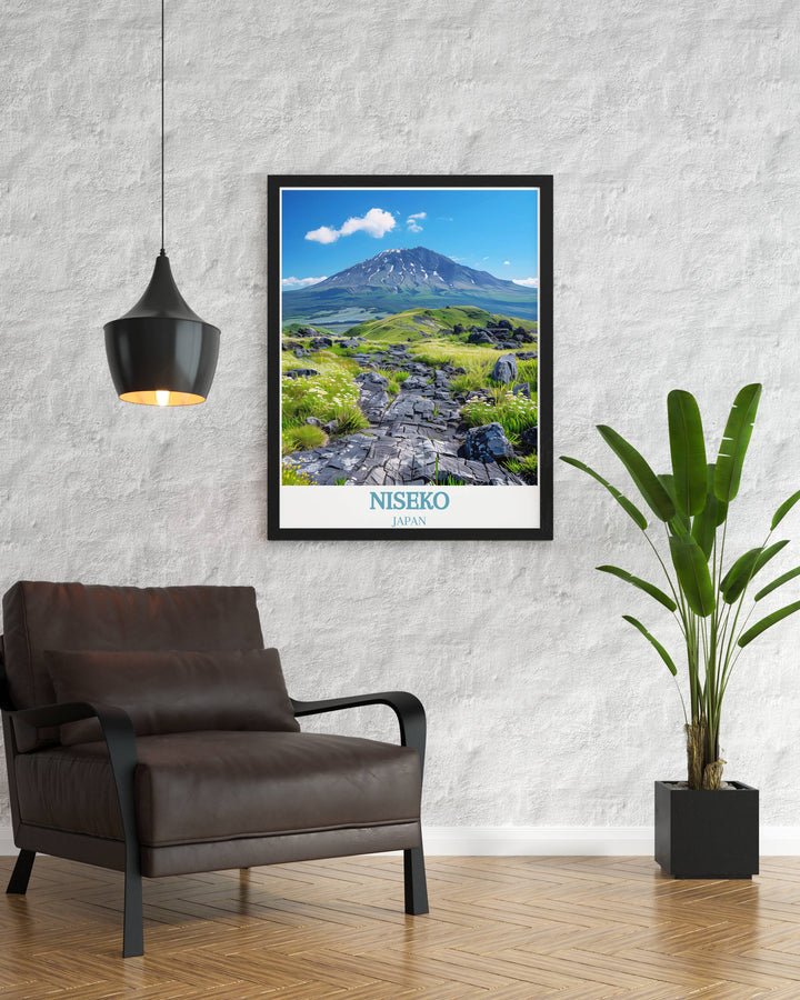 Classic Japanese Wall Art with Mount Yotei and snowboarding scene adding a touch of retro elegance and excitement to your home decor with a beautiful vintage travel design