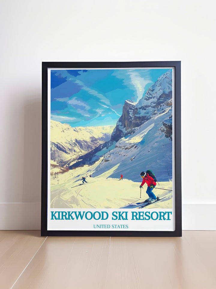 Vintage ski poster of Kirkwood Ski Resort featuring Thunder Saddle capturing the nostalgic charm of classic ski destinations a wonderful addition to your wall art collection