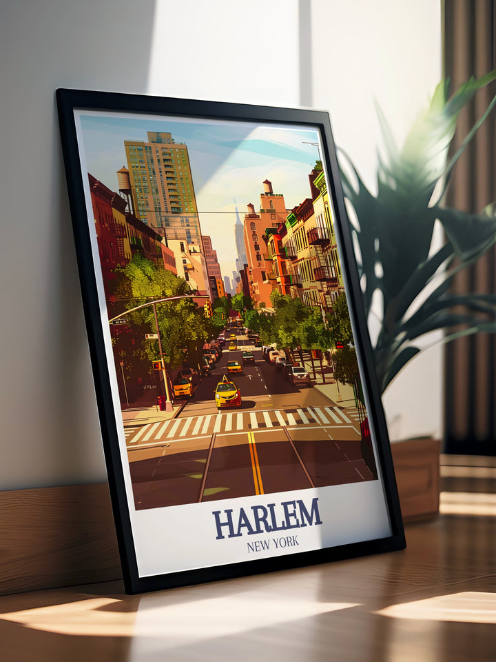 Highlighting Harlems rich history, this travel print showcases the cultural vibrancy of the neighborhood. Featuring 155th Street and Manhattans bustling streets, this canvas art is ideal for New York enthusiasts.