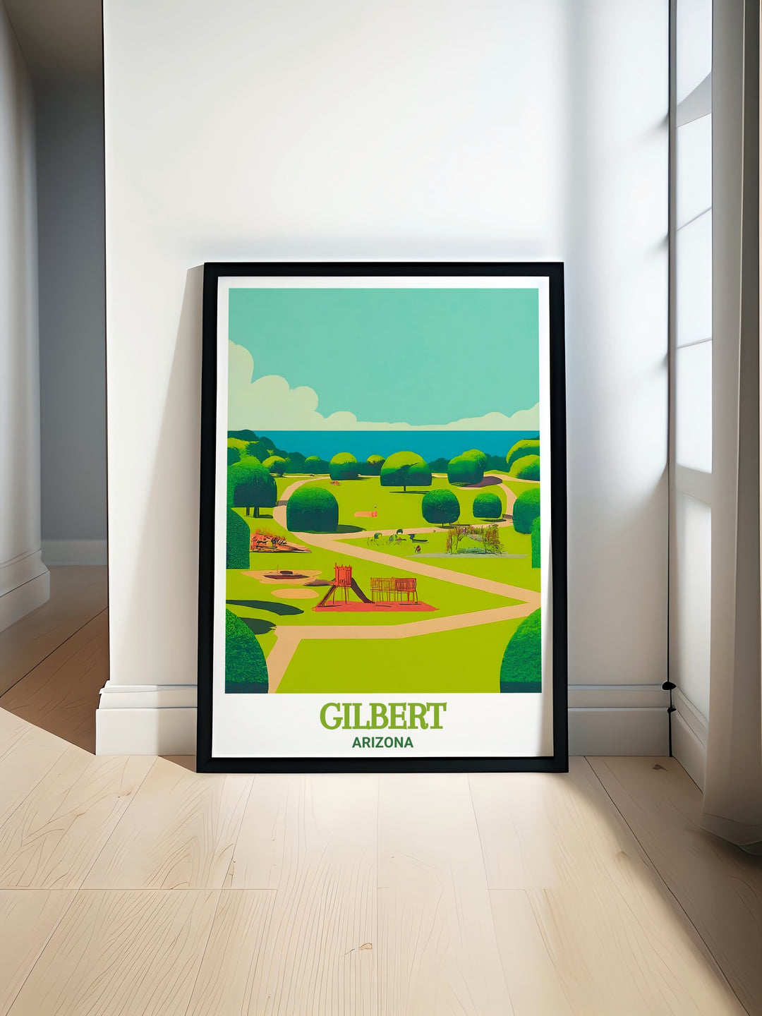 Featuring Freestone Park and Gilberts iconic landscape, this Arizona wall art is a great gift for travelers and nature lovers. The vibrant color palette and modern design make this travel print a stunning decor piece for any home.