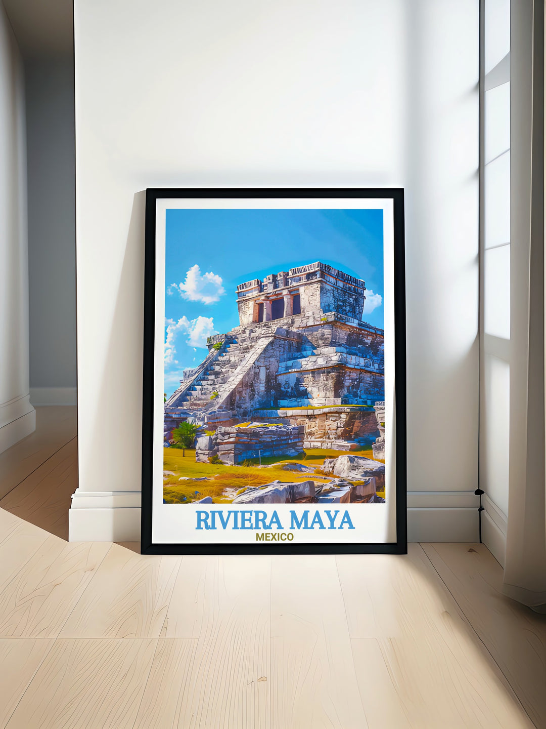 Tulum Ruins travel poster featuring the majestic coastline of Riviera Maya Mexico perfect for beach decor and tropical art enthusiasts. Ideal Mexico gift and home living decor showcasing the ancient beauty of Tulum Ruins with vibrant colors and detailed artwork.