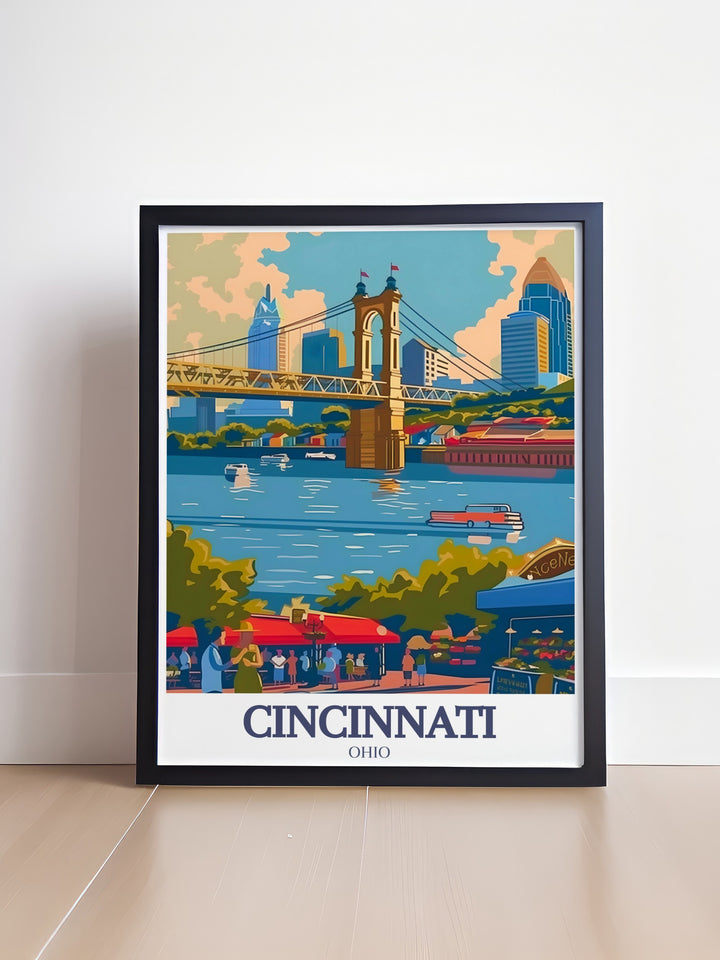 Black and white Cincinnati Travel Print with detailed city street maps and elegant depictions of Ohio River and Findlay Market perfect for those looking to add a sophisticated and modern touch to their living room or as thoughtful anniversary or Christmas gifts