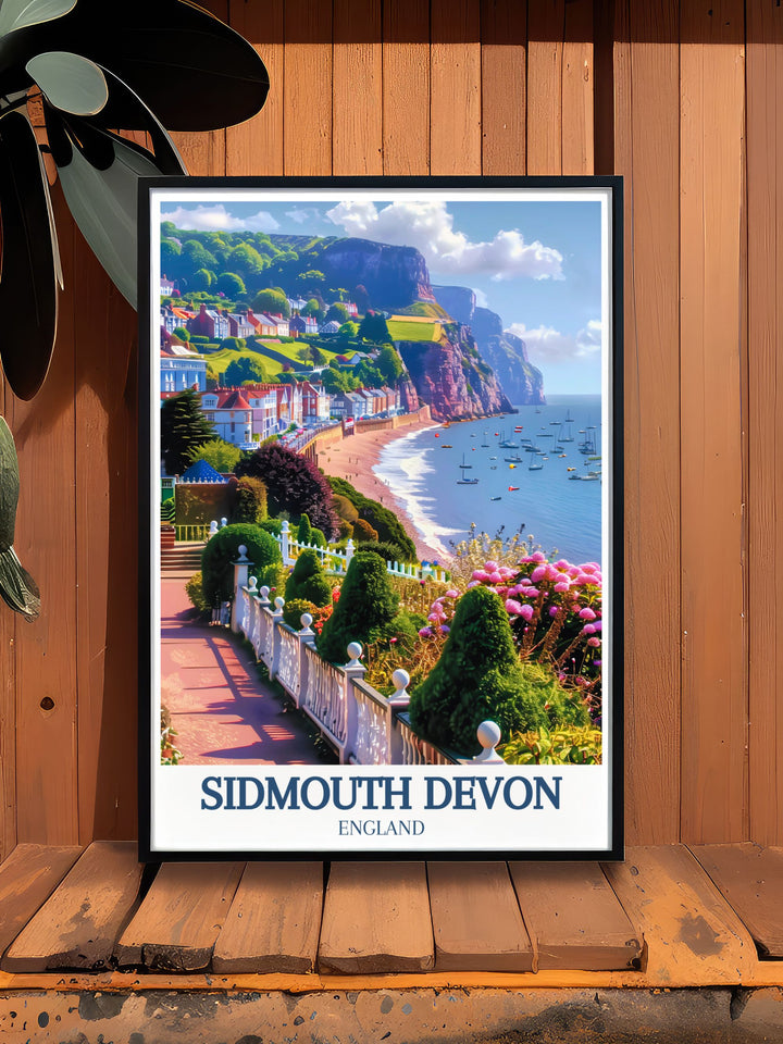 The Jurassic Coast and Sidmouth Beach are beautifully depicted in this travel poster, celebrating the iconic landmarks and natural beauty of Devon, ideal for travel lovers and coastal enthusiasts.
