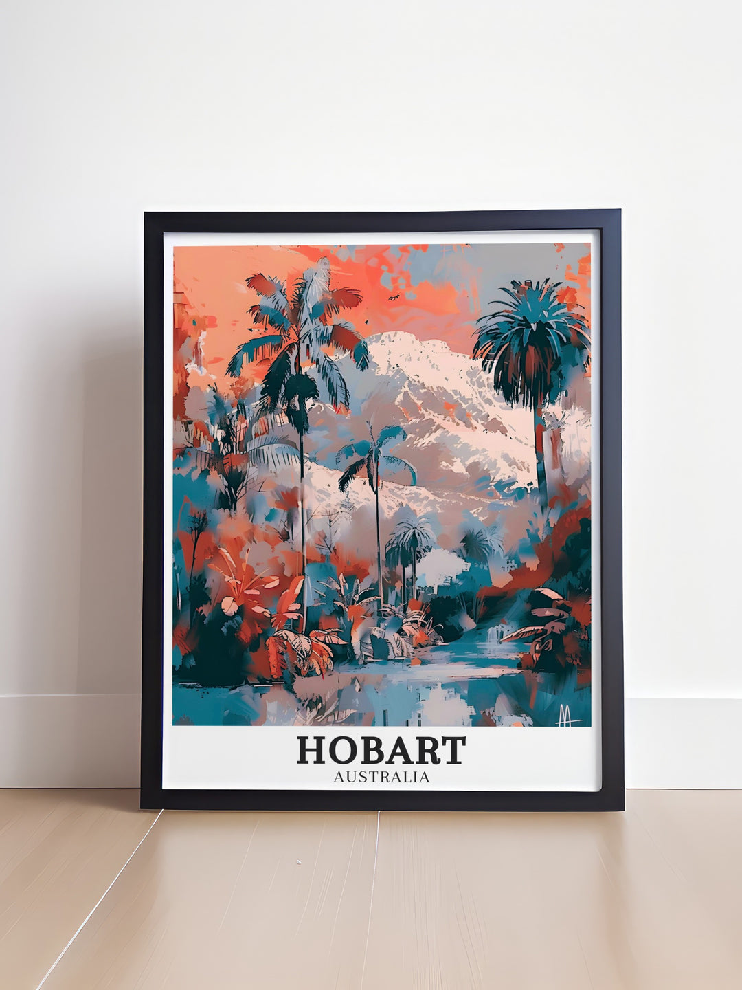 Captivating Hobart artwork depicting the harmony between the Royal Tasmanian Botanical Gardens and the rugged beauty of Mount Wellington. This print is a celebration of Tasmanias unique landscapes, ideal for Australia travel art collections