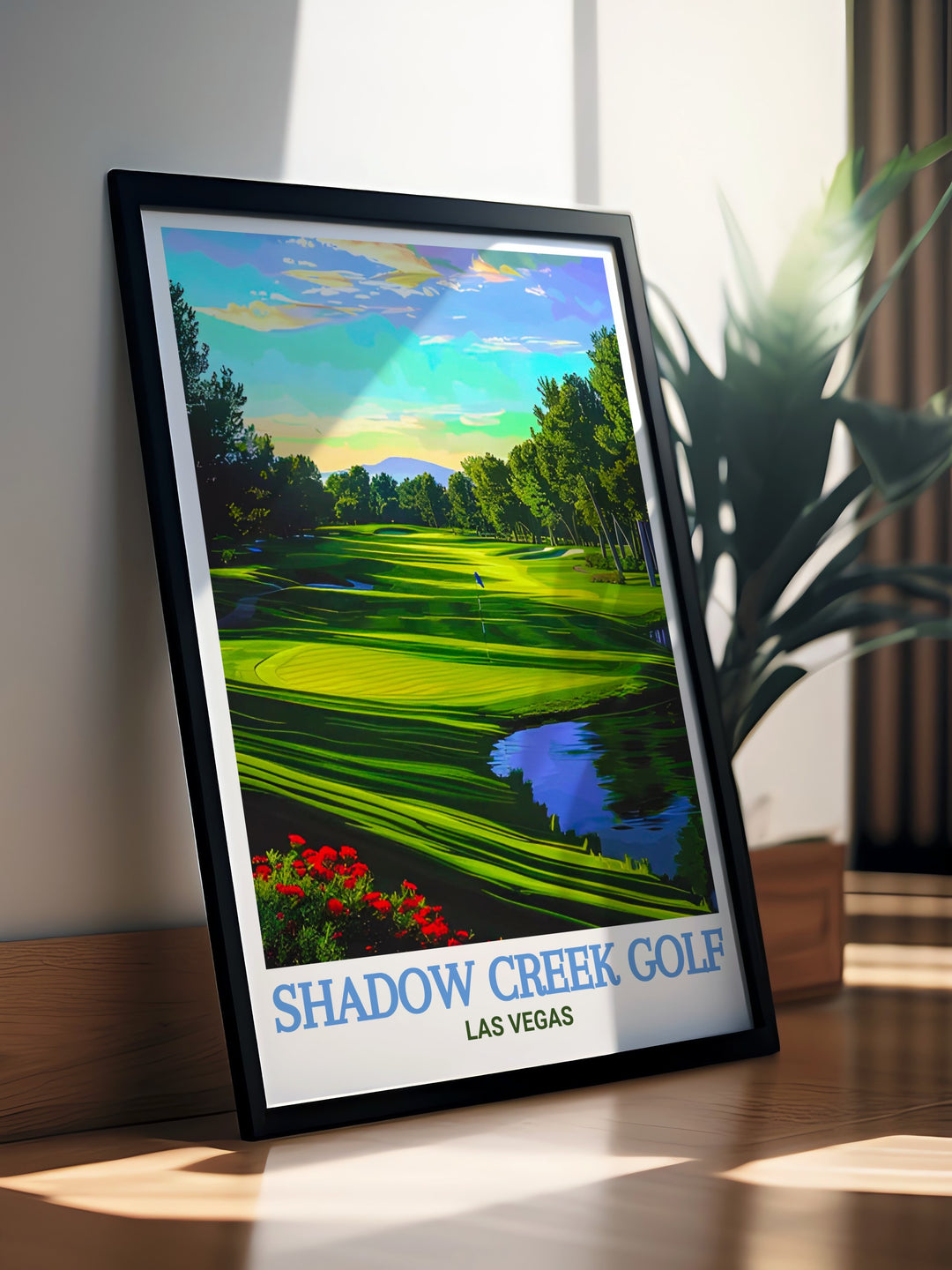 Shadow Creek Golf Course poster print captures the lush greenery, serene water features, and challenging fairways of this exclusive Las Vegas golf course. This detailed artwork brings the elegance and sophistication of Shadow Creek into your home, making it an ideal addition to any golf enthusiasts collection. The print highlights the beauty of the course, perfect for decorating a study, office, or living room.