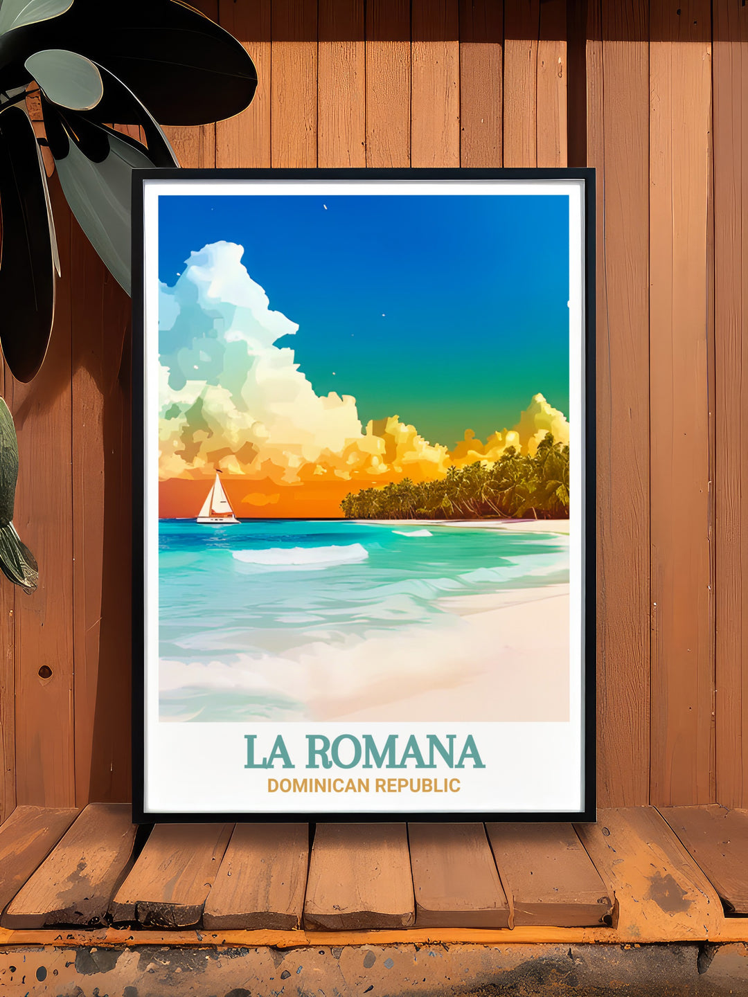 The peaceful shores of Bayahibe Beach are depicted in this travel print, highlighting La Romanas natural beauty. The artwork offers a serene escape to the Caribbeans tranquil environment.