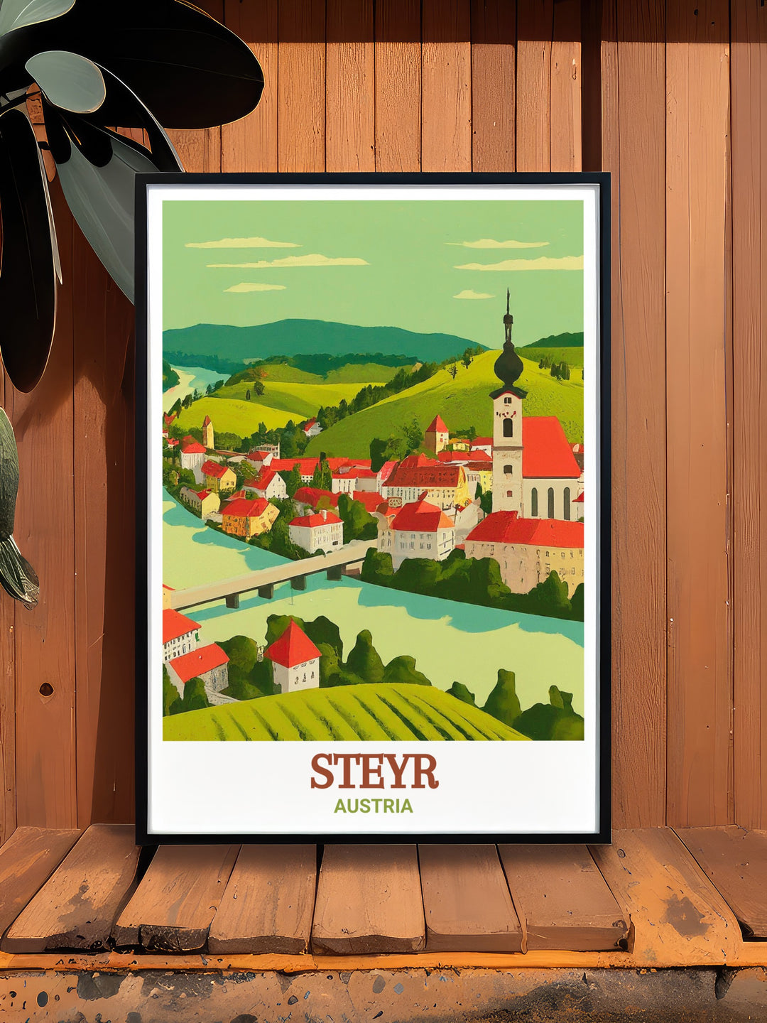 Elevate your home with this Austria art print featuring the picturesque streets of Steyrdorf in Steyr. The detailed portrayal of the districts historic buildings adds a touch of elegance to any room, making it an ideal addition to Austria wall decor.