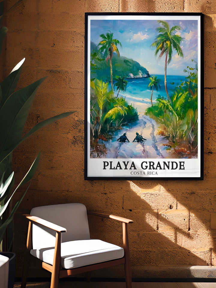 This stunning Playa Grande poster captures the calm waves and golden sands of Costa Ricas Pacific coast. Perfect for any nature lover or beach enthusiast, this print will brighten up your space with the tranquility of Marino Las Baulas and Congo Beach.