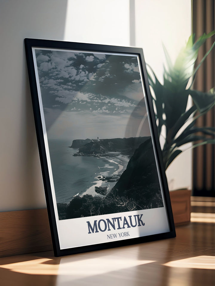 Detailed Montauk Travel Print depicting Montauk Point Lighthouse and Camp Hero State Park ideal for enhancing home decor and making memorable Christmas Fathers Day and Mothers Day presents