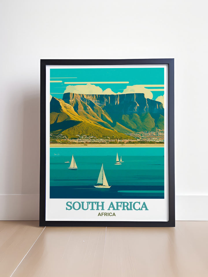 Cape Town art print showcasing the vibrant city and the stunning backdrop of Table Mountain. This artwork highlights the dramatic landscape and unique cultural blend, making it a perfect addition to any space that seeks to evoke the spirit of South Africa.