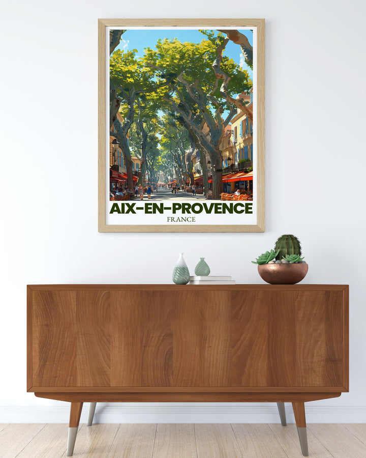 Cours Mirabeau comes to life in this beautifully crafted travel print of Aix en Provence. The poster captures the essence of French elegance and is perfect for those looking to add a touch of European charm to their home. Ideal for anyone who loves France or art inspired by Provence.