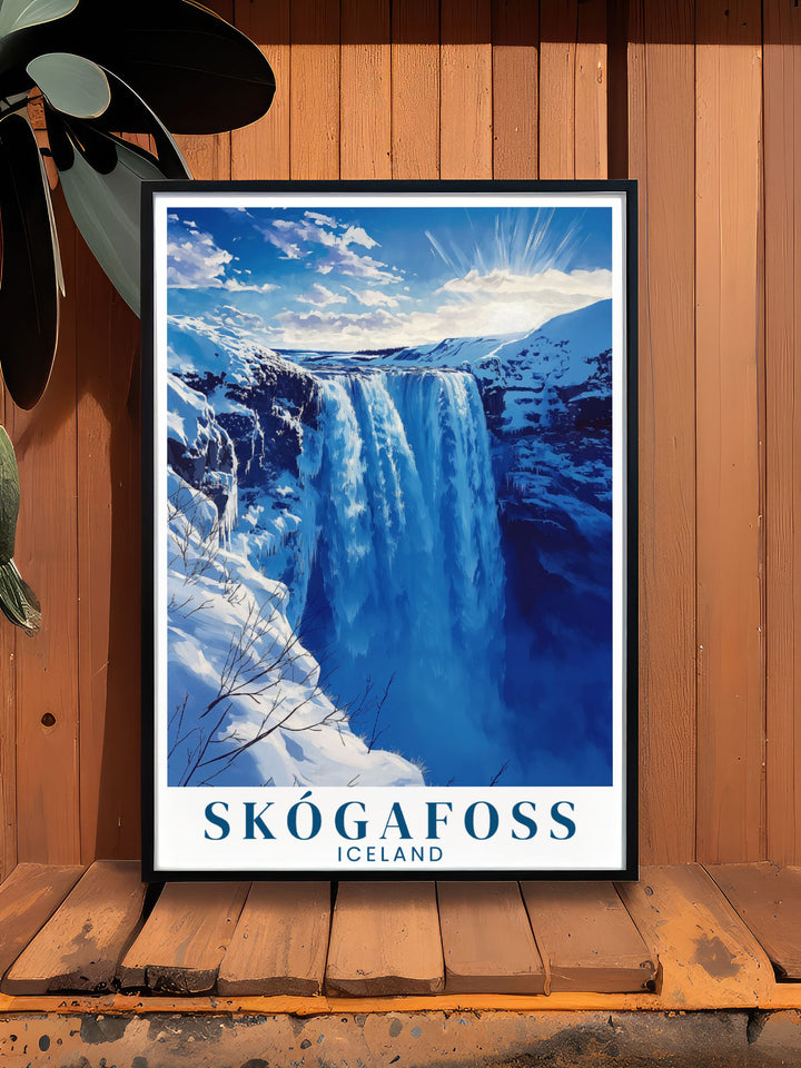 Beautiful Skogafoss waterfall Winter wall art featuring vibrant colors and intricate details bringing the captivating Icelandic winter landscape into your living space ideal for nature and travel enthusiasts.