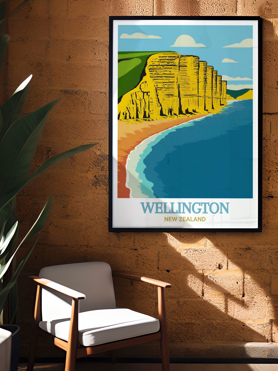 Jurassic Coast framed art capturing the breathtaking cliffs and shoreline of West Bay in England. This vintage style poster is ideal for anyone who admires Englands landscapes and enjoys travel themed artwork.