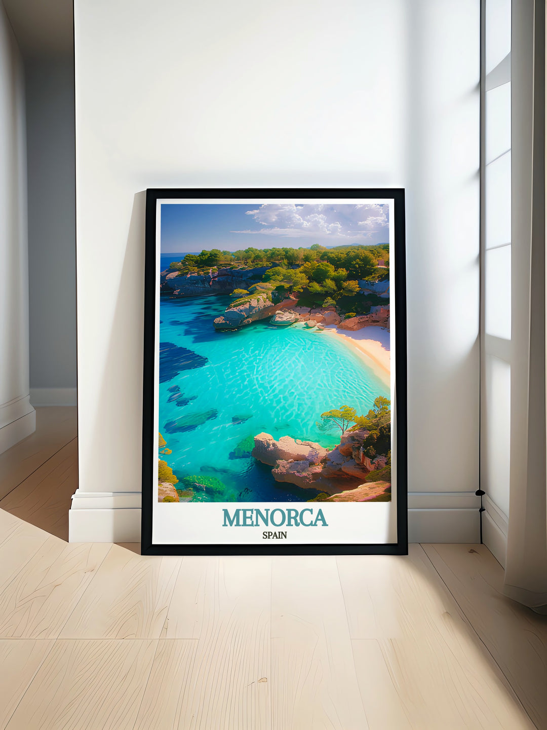 Cala Macarella modern print showcasing Menorcas serene beach with clear turquoise waters and lush greenery ideal for Spain wall art and decor enhancing your living space with Mediterranean charm.