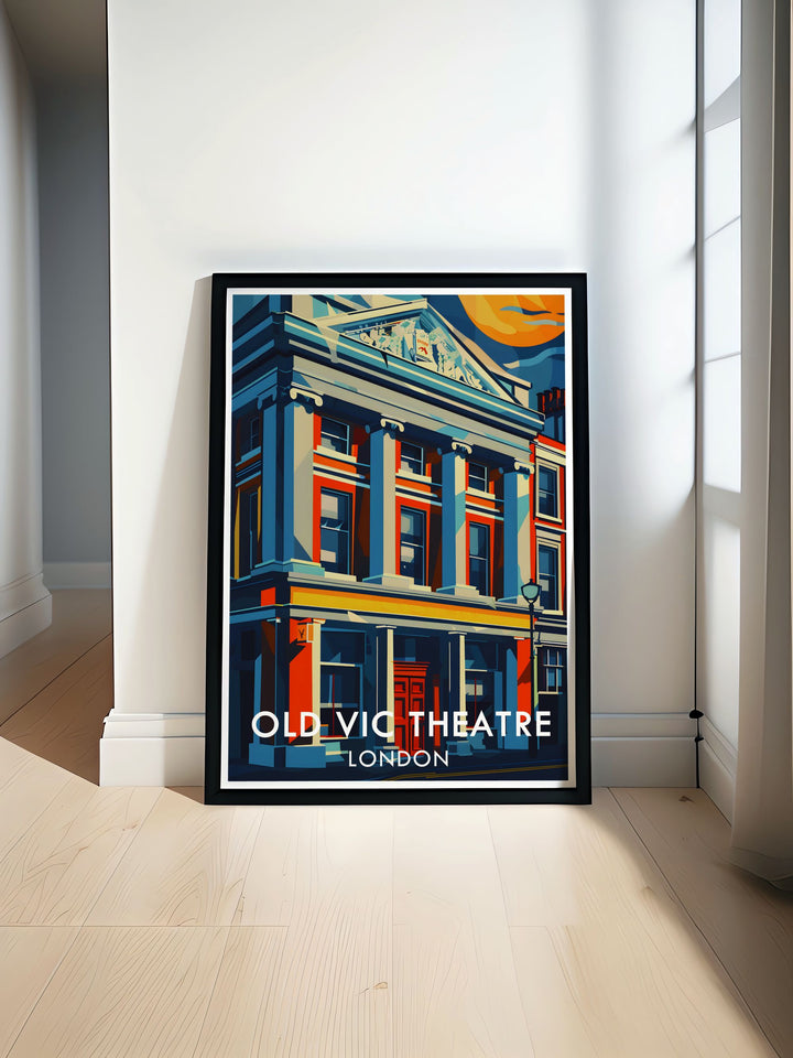 This retro art print of The Old Vic Theatres exterior facade combines classic London architecture with art deco design. Perfect for those who love Londons West End or appreciate vintage travel posters, this piece adds a unique and stylish touch to any space.