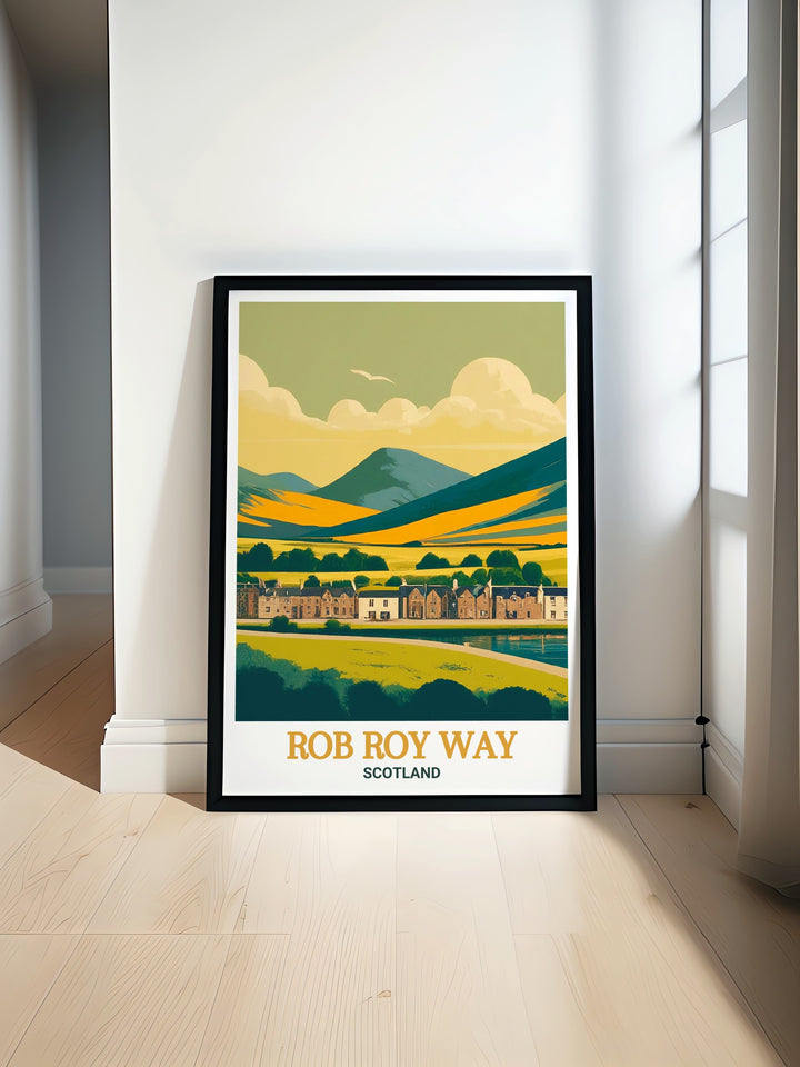 This travel print highlights the stunning views along the Rob Roy Way, including key landmarks such as Drymen and Loch Tay. Ideal for those who appreciate outdoor adventure and the Scottish Highlands, this artwork brings a sense of wanderlust to any space.