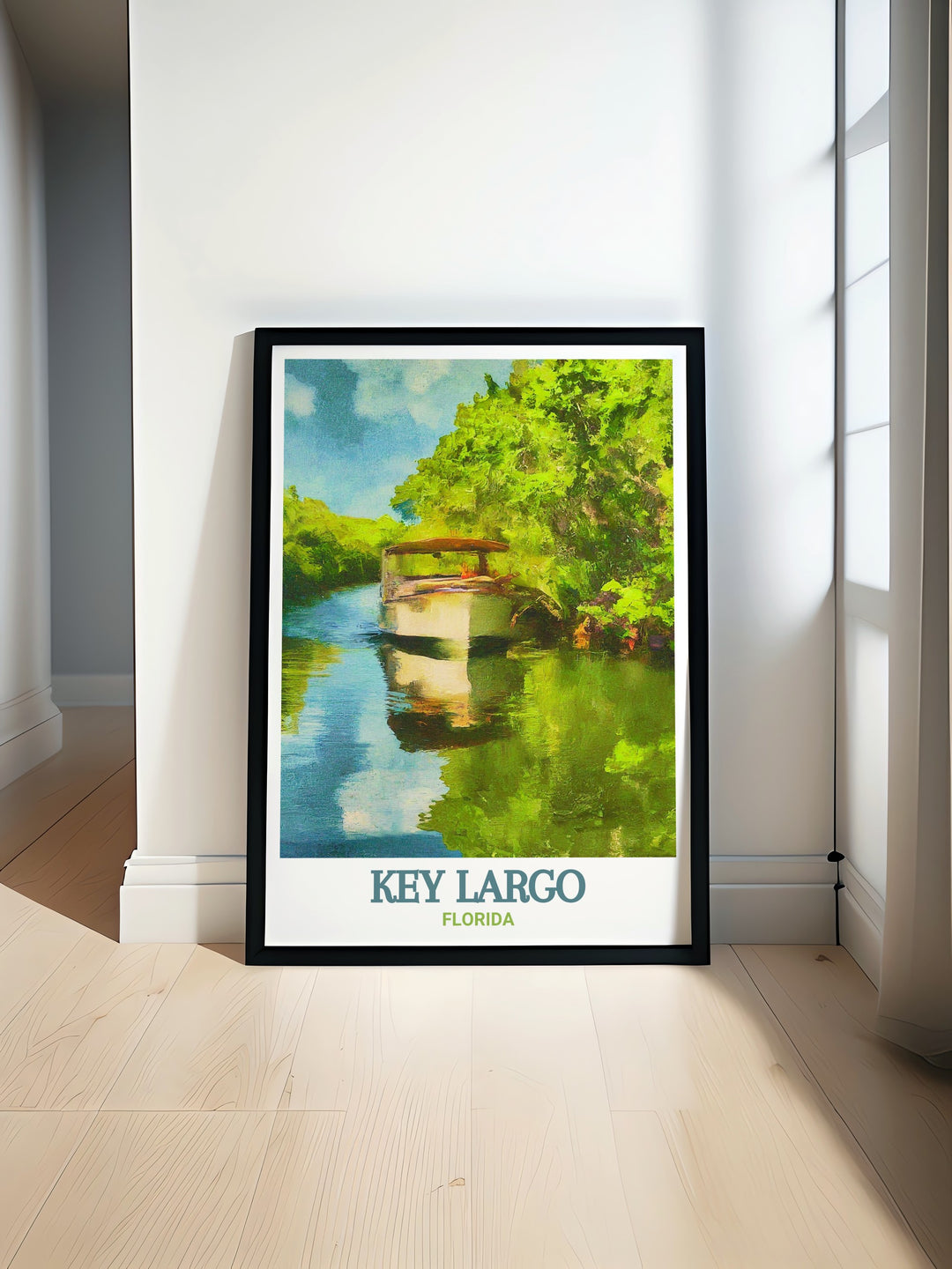 Key Largo travel poster and African Queen Canal Cruise wall art offer a beautiful addition to your home decor with stunning vibrant colors inspired by the Florida Keys perfect for any tropical or travel themed room adding charm and relaxation to your space.