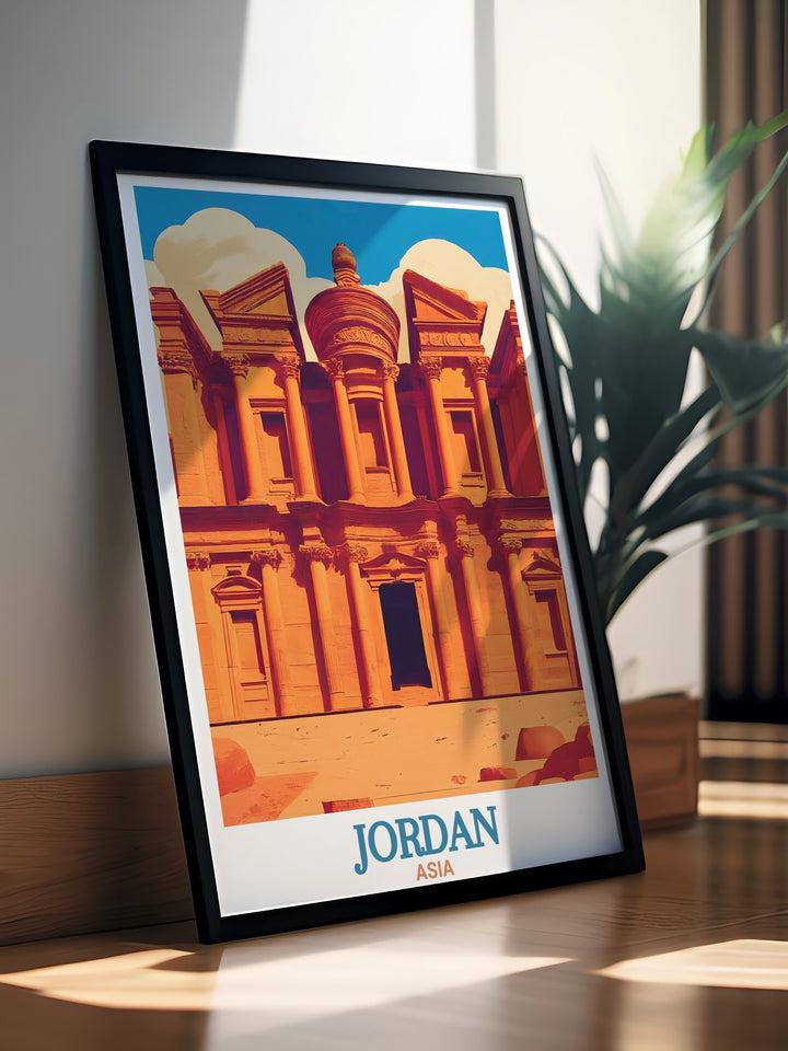 Our Jordan travel print showcases the majestic city of Petra and the vibrant energy of Amman. Whether youve explored these landmarks or dream of visiting them, this poster serves as a perfect tribute to Jordans remarkable cultural and historical significance.