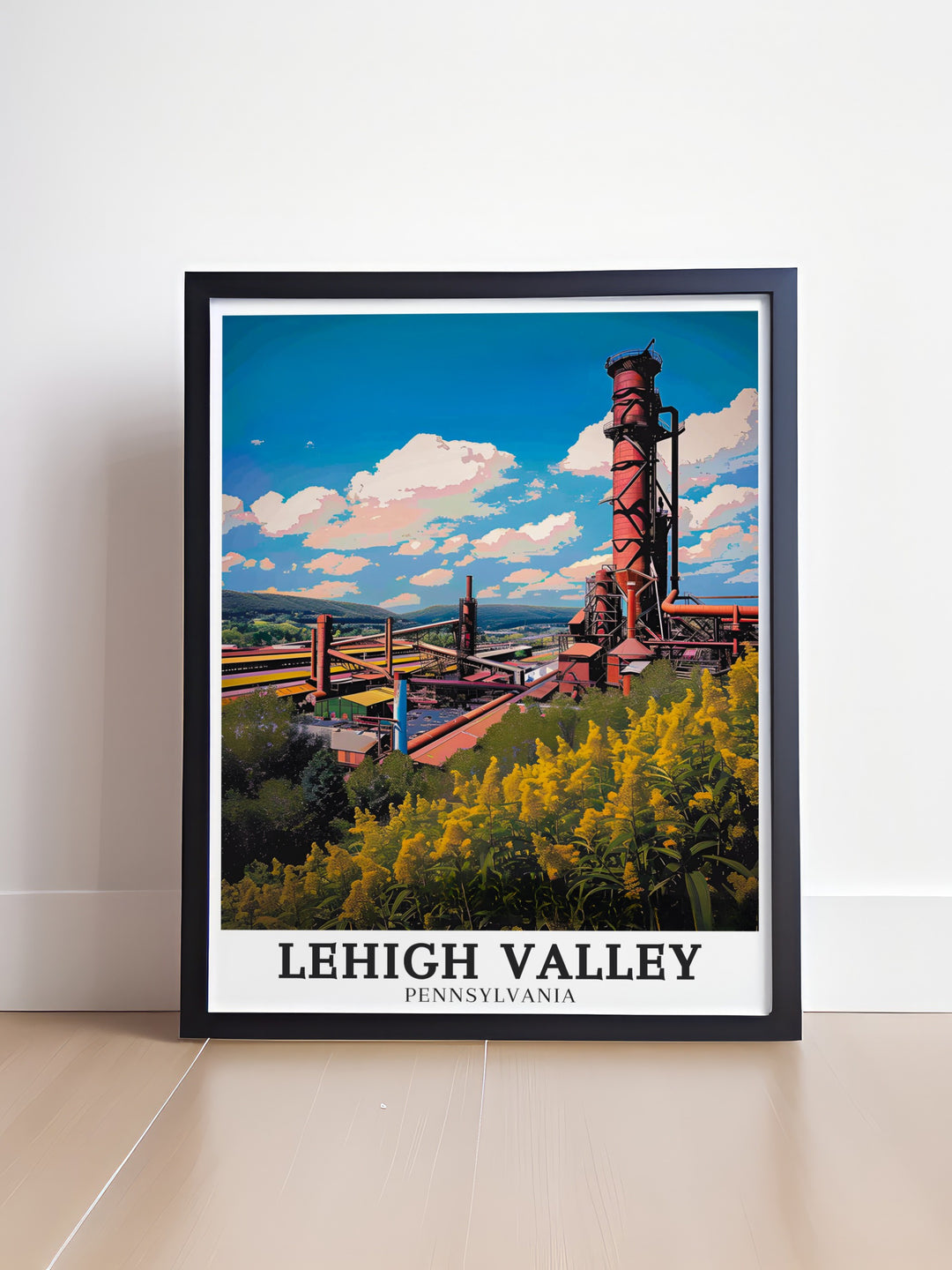 Bethlehem Steel canvas art showcasing the grandeur of the steel mills, offering a striking blend of industrial design and historical significance. This travel print makes an excellent addition to any industrial themed home decor or as a unique gift for history buffs.