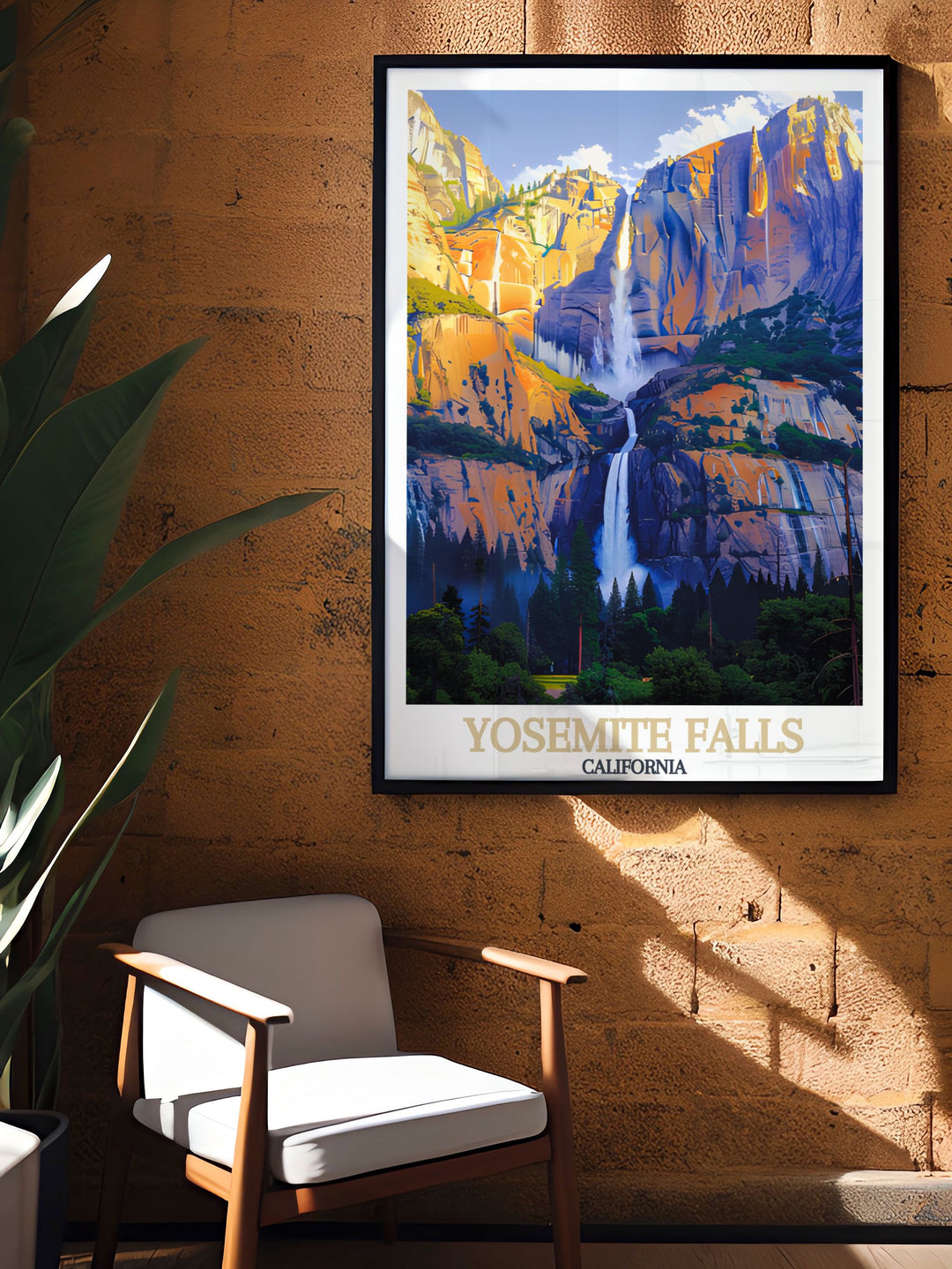 Beautiful Yosemite Falls artwork capturing the dramatic descent of the waterfall and the rugged California landscape