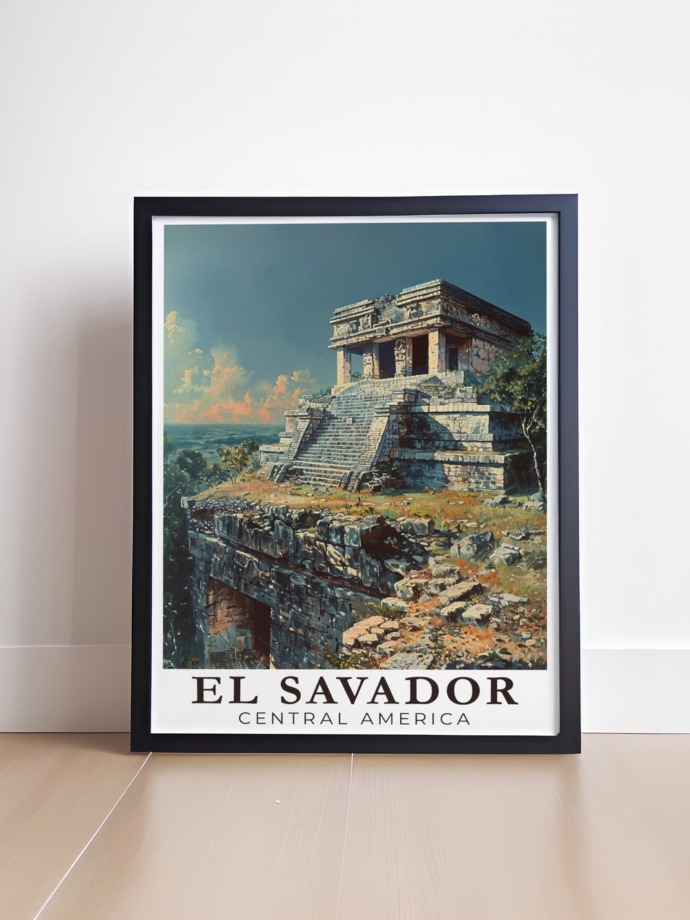 This El Salvador poster print captures the stunning beauty of Tazumal, an ancient Maya pyramid site located in Chalchuapa. The vibrant colors and detailed design make this travel print a perfect addition to any home décor, offering a glimpse into El Salvadors rich cultural history.