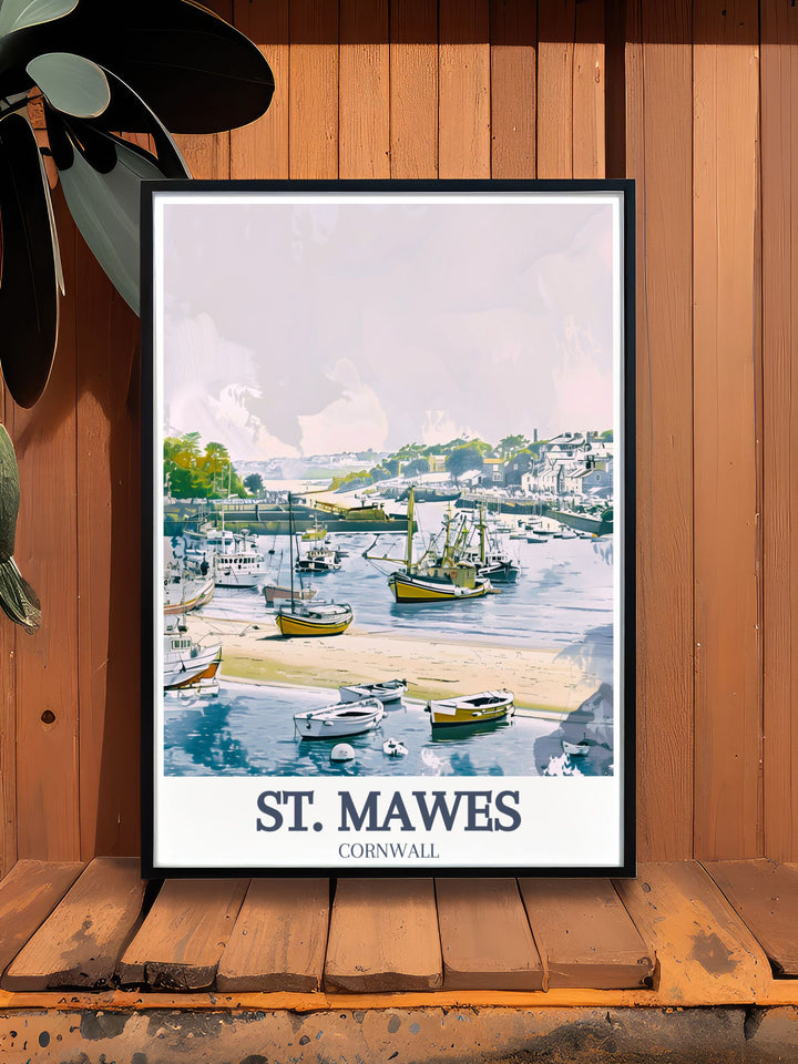 Beautiful St. Mawes Harbour and St. Mawes Beach Cornwall art print this stunning poster offers a perfect way to bring the beauty of Cornwalls coastline into your home ideal for gifts or as an addition to your living room decor