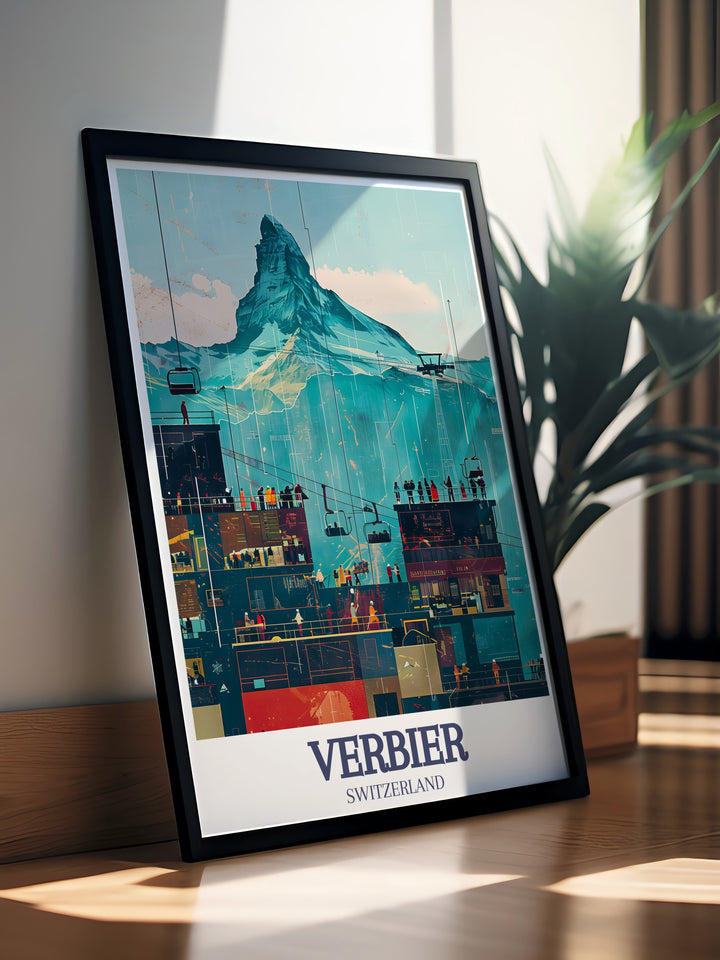 This Verbier wall art captures the essence of alpine skiing, featuring the Verbier resort and the towering Matterhorn. The intricate detailing in this artwork brings the thrill of skiing to life, making it the perfect gift for ski lovers.