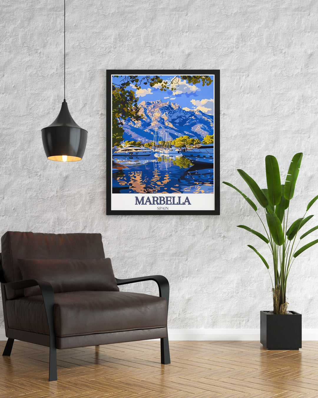 Elegant Marbella wall art featuring Puerto Banus marina and La Concha mountain a great choice for stunning living room decor and perfect wall decor for any space