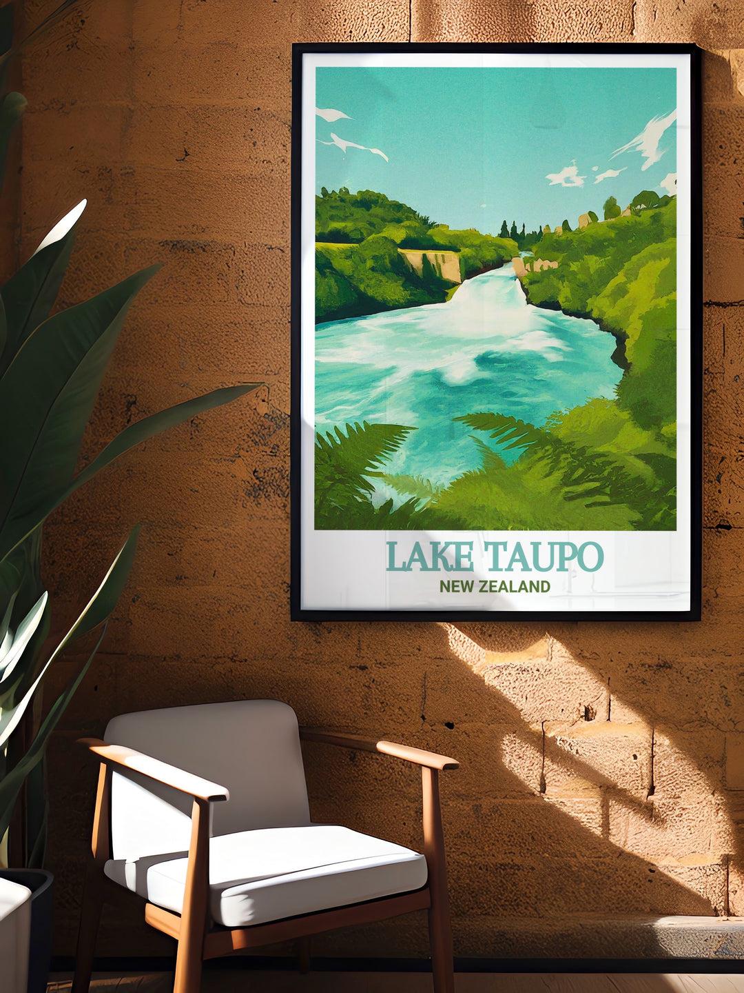 Lake Taupo Art Print portraying the pristine beauty of the lakes shoreline, dotted with native flora and gently lapped by crystal clear waters, set against a backdrop of distant snow capped peaks, offering a soothing and elegant addition that brings New Zealands serene atmosphere into your environment.