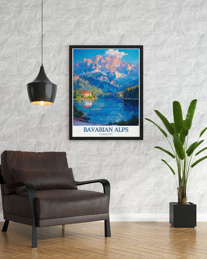 Captivating Bavarian Alps travel poster featuring the towering Zugspitze and the crystal clear Eibsee Lake. Perfect for enhancing your home or office decor with the majestic beauty of Germanys Alps.