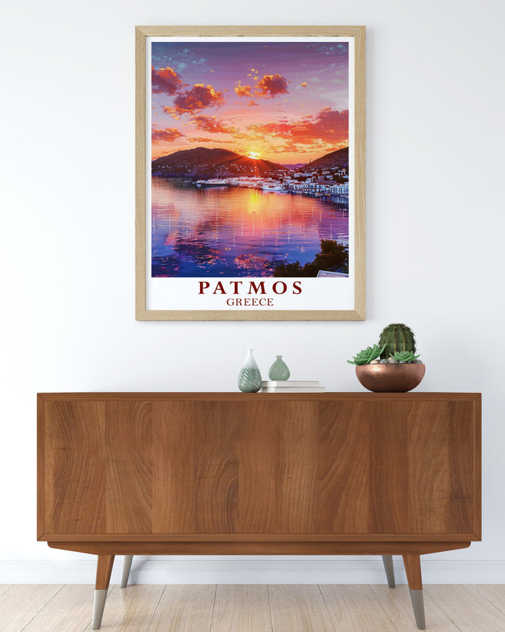 Skala Harbor wall art and Patmos wall poster offering a stunning depiction of Greek island life this elegant home decor piece captures the tranquility of Patmos and the charm of Skala Harbor ideal for enhancing any living room or office space