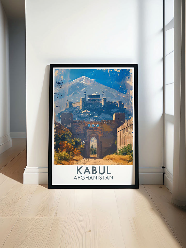 A vibrant travel print featuring the Kabul Citadel, highlighting the fortresss strategic location and historical significance. The colorful illustration celebrates the rich heritage of Kabul, perfect for any art lover.