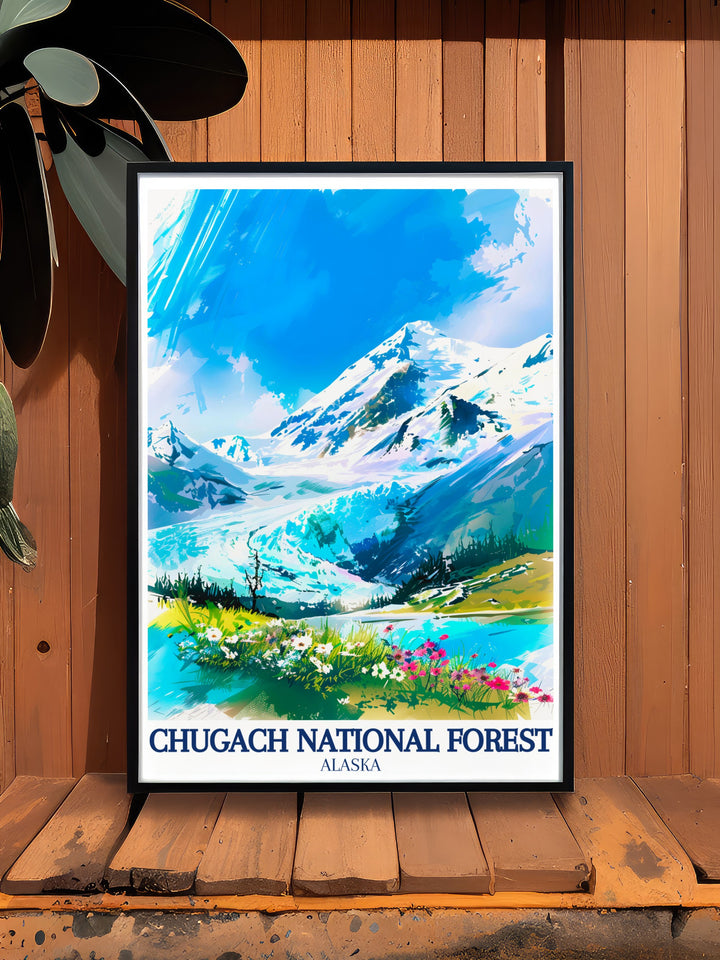 Celebrate Alaskas beauty with this Chugach National Forest travel poster. Highlighting the Holgate Glacier and Kenai Fjords, this print is an excellent gift for outdoor enthusiasts and travelers who appreciate Alaskas dramatic landscapes.