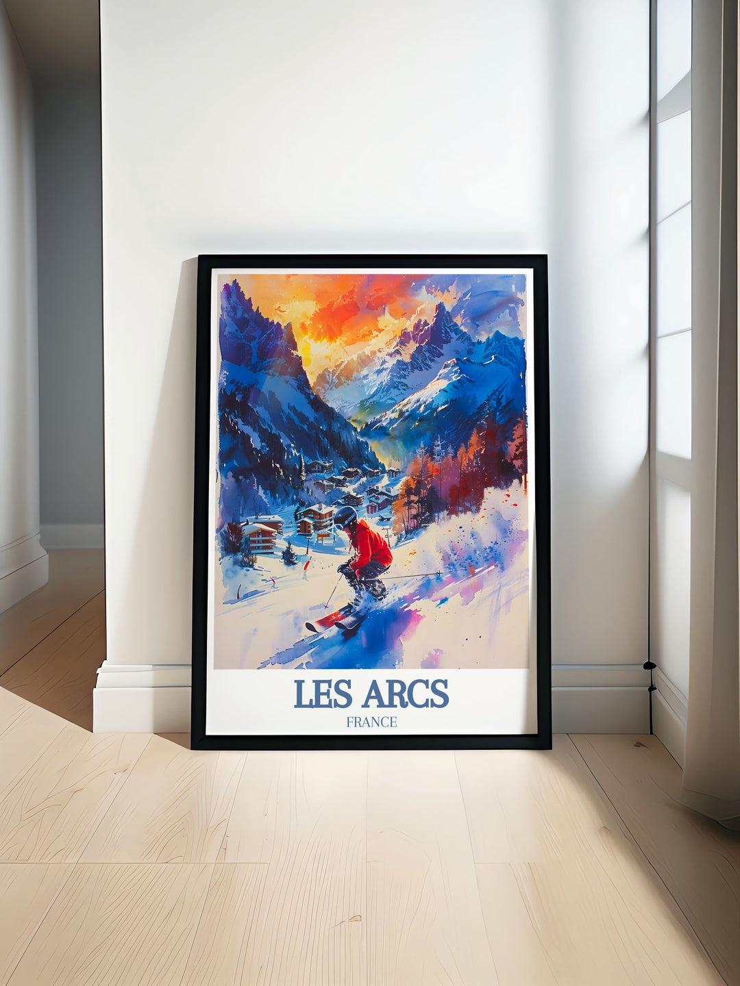 Snowboarding Poster capturing the excitement of Les Arcs in Paradiski ski area Mont Blanc with vibrant artwork showcasing the thrill of snowboarding perfect for enhancing snowboard decor and winter sports enthusiasts collections