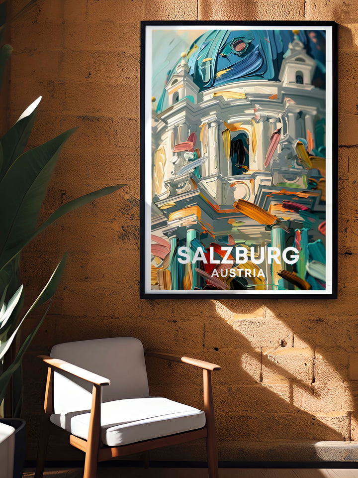 Salzburg cathedral and Zauchensee skiing are beautifully captured in this vintage travel print. Perfect for home decor, it celebrates Austrian heritage and skiing culture. A unique addition to any travel poster collection and a great gift for ski lovers.