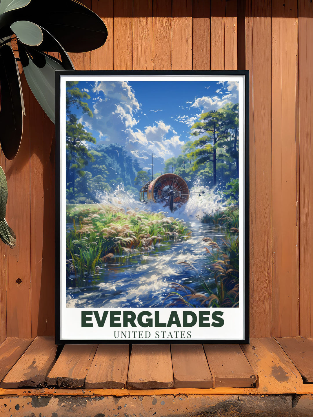 Everglades Print showcasing the iconic landscapes and wildlife of Floridas National Park. Perfect for adding a touch of nature to your home. This artwork also features the thrilling Airboat ride through the 10K islands, capturing the spirit of adventure.