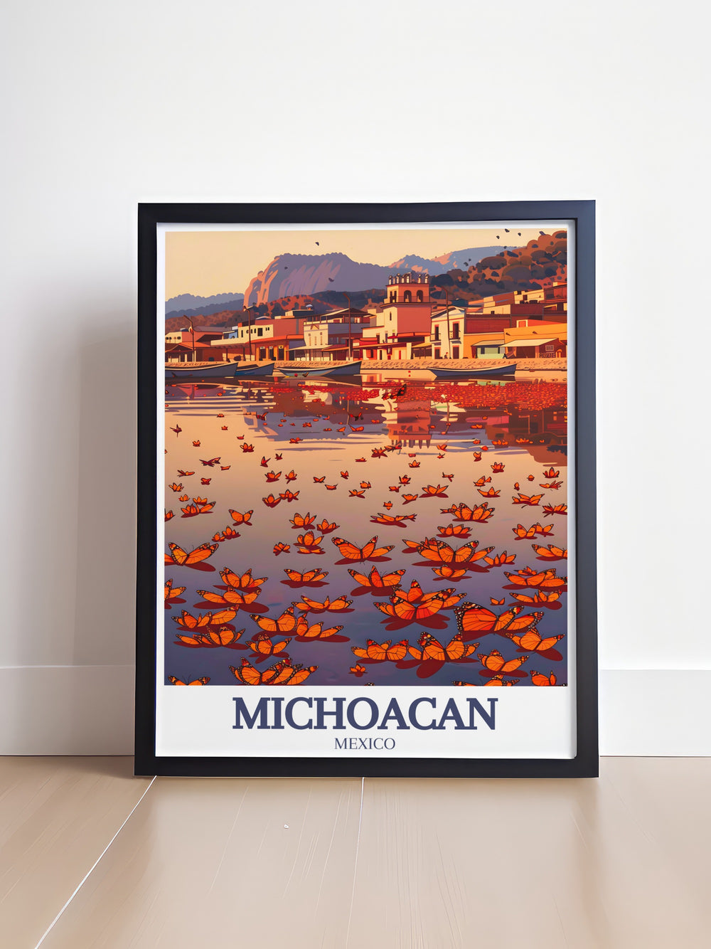 Celebrate the beauty of Michoacán with this vintage inspired travel poster featuring the Monarch Butterfly Reserve and Patzcuaro Lake. Perfect for home or guest spaces, this Mexico canvas art adds a touch of vibrant color and nostalgia to any room. A great gift for lovers of Mexican culture.