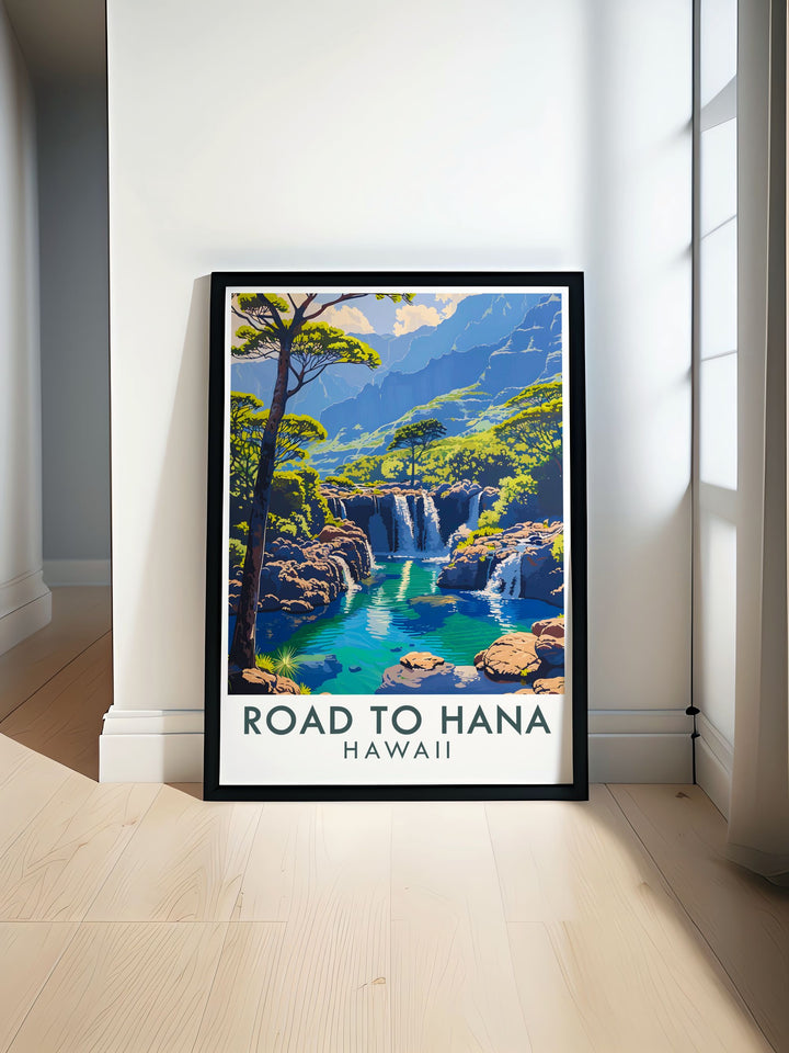 Hawaii wall art featuring the breathtaking Road to Hana and serene Sacred Pools. This artwork captures the natural beauty of Hawaii, perfect for bringing a touch of paradise to your home decor and creating a tranquil atmosphere.