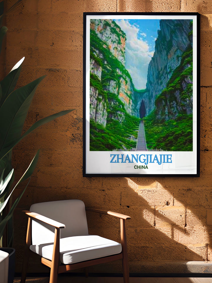 High quality art print of Tianmen Mountain featuring the dramatic cliffs and scenic views of Zhangjiajie China a beautiful piece of China travel art for your living space