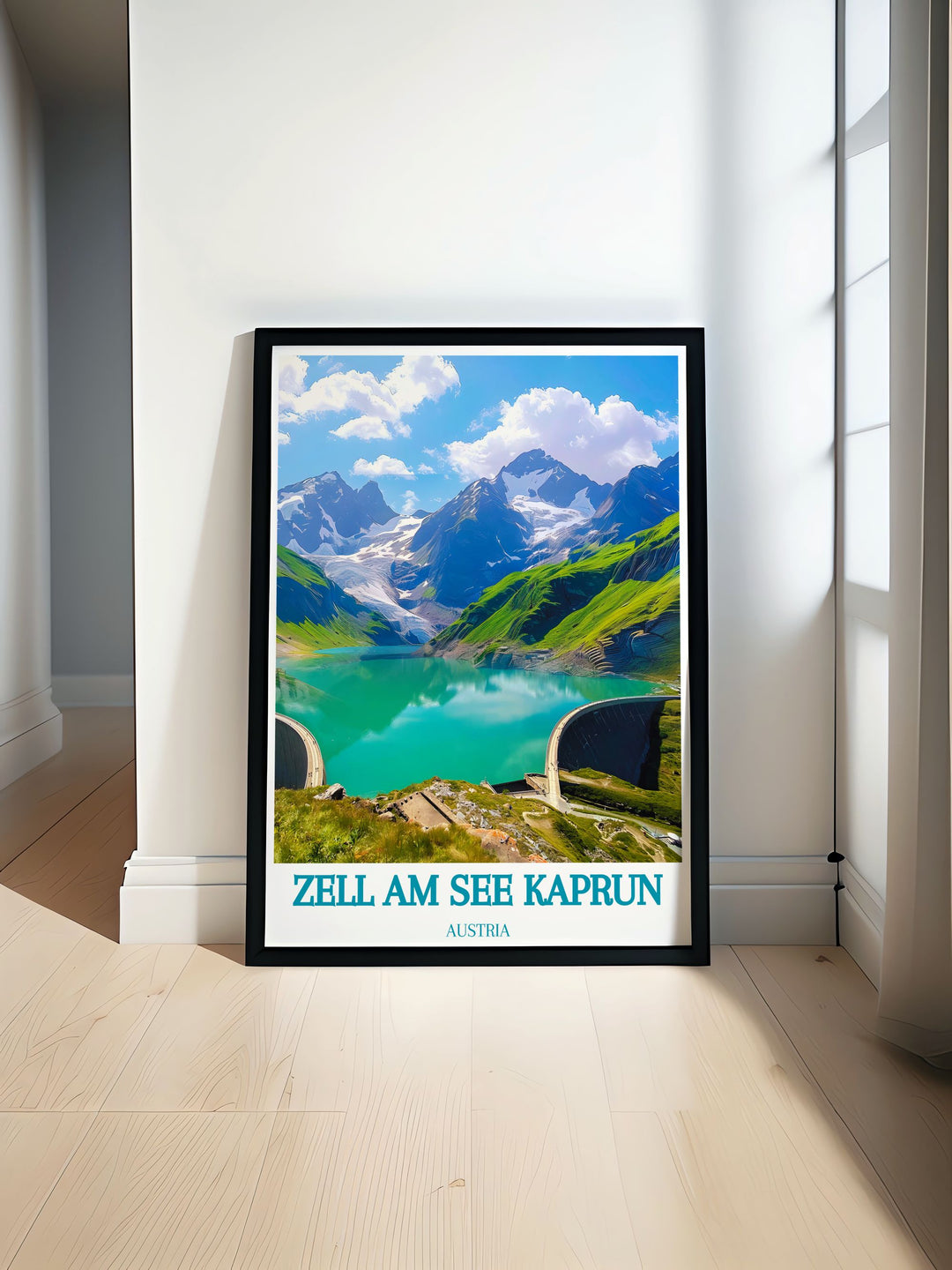 A stunning fine art print showcasing the breathtaking scenery of Zell am See Kaprun, Austria. The artwork captures the snow capped peaks, serene lake, and charming village, making it a perfect piece for those who love the beauty and tranquility of the Alps.