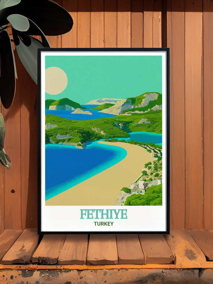 Ölüdeniz Beach wall art depicting the serene environment with crystal clear waters and stunning coastline. This Turkey scenic print captures the essence of the beachs beauty, making it a great addition to any room for those who cherish coastal decor.