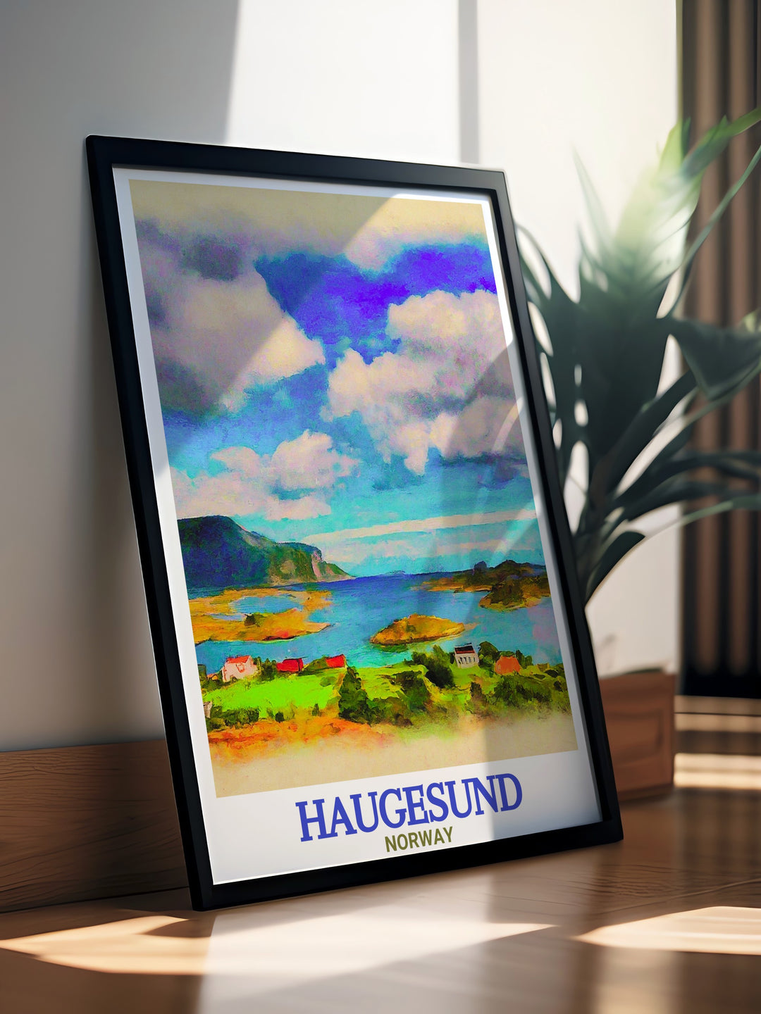 The Haugesund travel poster is a perfect depiction of Norwegian heritage, highlighting the coastal landscapes of Haugesund and Røvær Island along with the serene North Sea vistas, making it an ideal addition to your home decor.