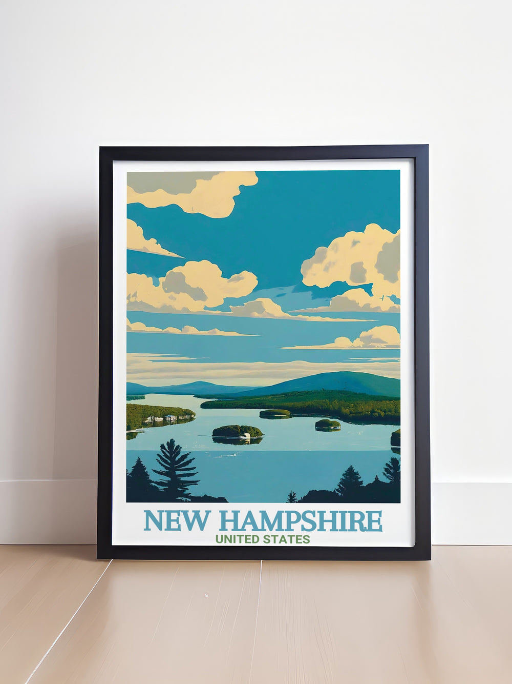 This Mount Washington Travel Poster highlights the iconic peak along with the serene landscape of Lake Winnipesaukee, perfect for those who appreciate the rugged beauty of New Hampshires outdoors.