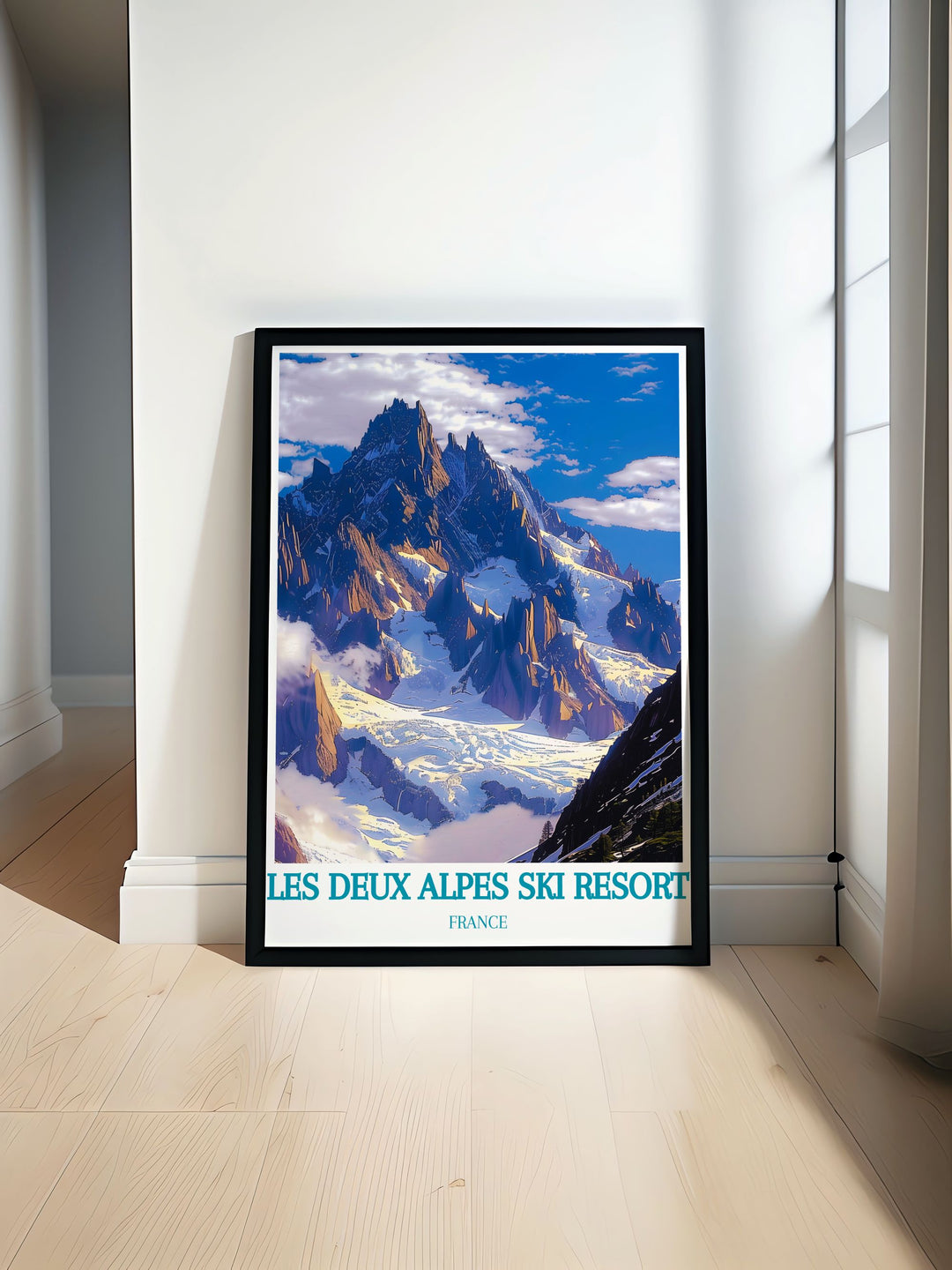 Experience the thrill of skiing in the French Alps with this detailed poster of Les Deux Alpes, capturing the resorts dynamic atmosphere and extensive pistes, perfect for your home decor.