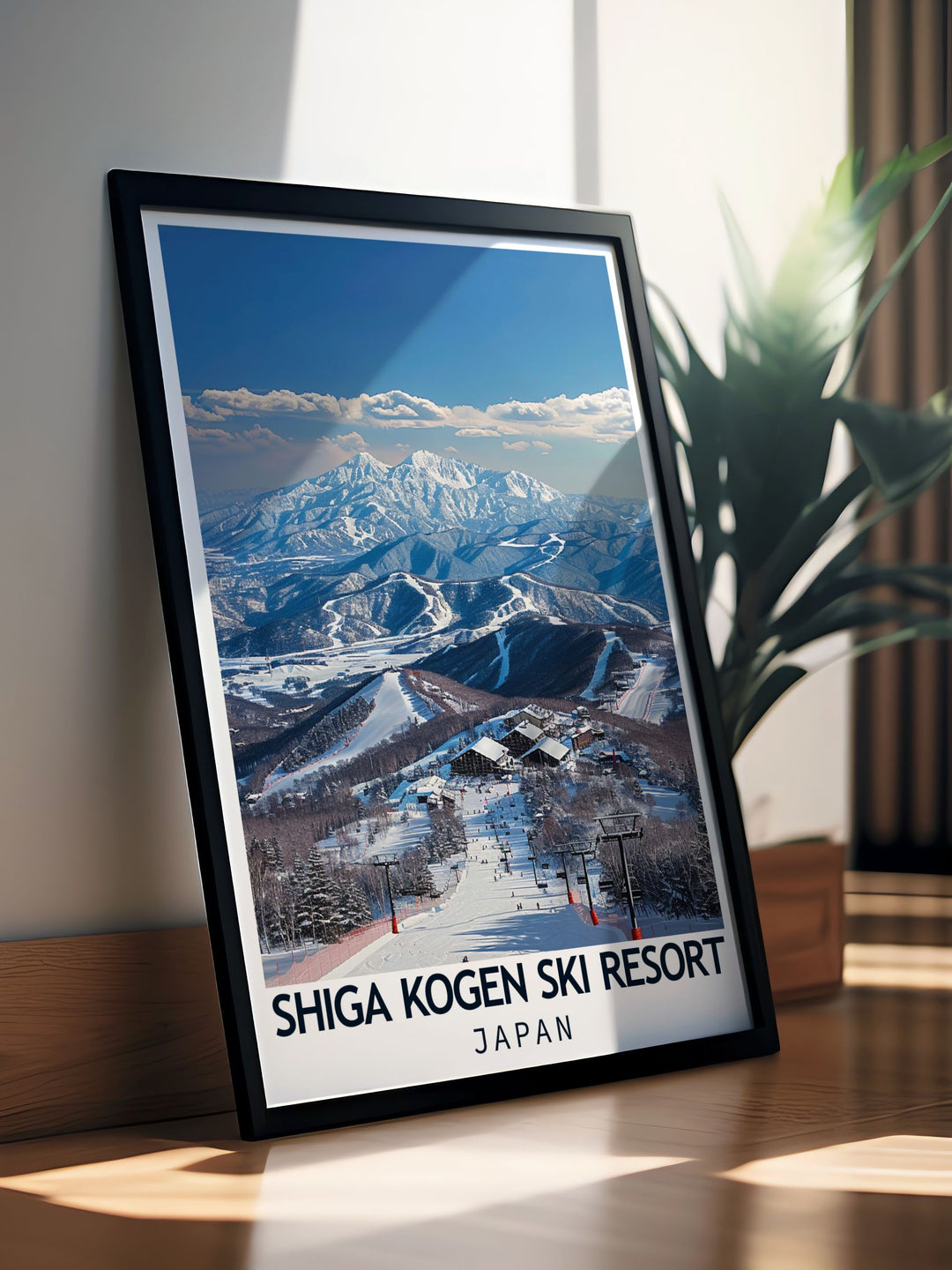 Shiga Kogen is beautifully illustrated in this poster, featuring its interconnected ski areas and powdery snow, making it an excellent addition for those who dream of an exhilarating winter adventure in Japan.