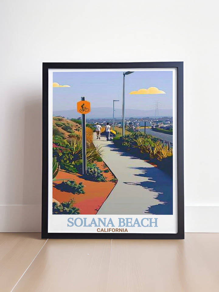 A vibrant art print of Solana Beach and the famous Coastal Rail Trail, capturing the relaxing essence of Californias coastal lifestyle. Ideal for beach house decor, this poster brings the calming ocean views into any space.