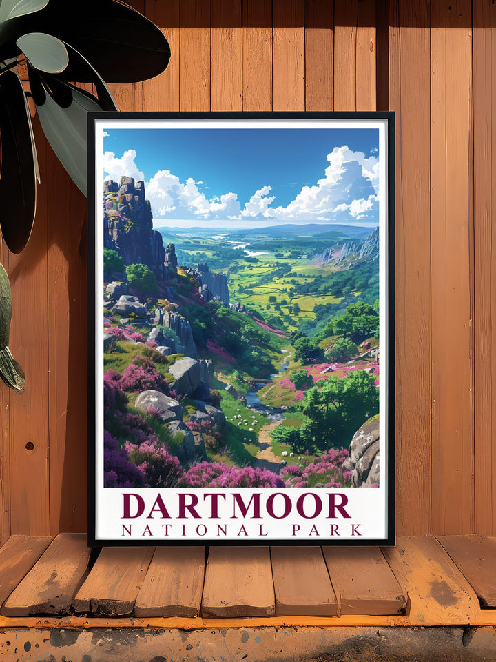A detailed poster of Dartmoor National Park capturing the sweeping moorland and iconic Dartmoor ponies, perfect for nature lovers and those who appreciate the English countryside.